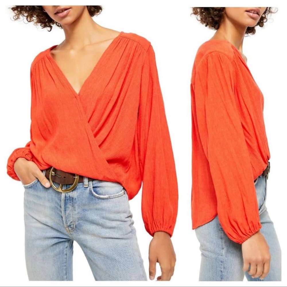 Free People Draped Wrap Blouse in Bright Orange